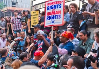 union workers protesting job opportunities at embassy theatre