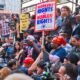 union workers protesting job opportunities at embassy theatre