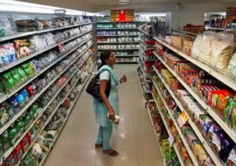 Grocery store shelves with essential items