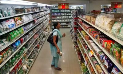 Grocery store shelves with essential items