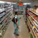 Grocery store shelves with essential items