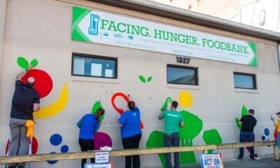 volunteers painting mural at food bank