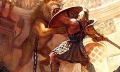 Roman gladiator being mauled by a lion