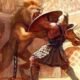 Roman gladiator being mauled by a lion