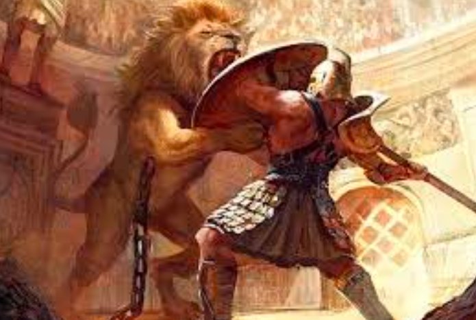 Roman gladiator being mauled by a lion