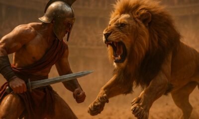roman gladiators fighting lions
