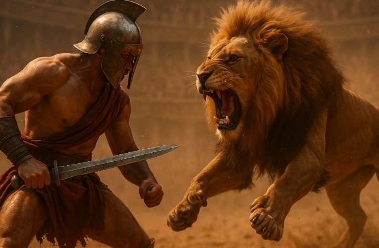 roman gladiators fighting lions