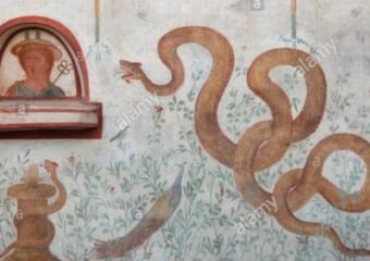 Pompeii lararium mural snakes peacock Anubis Roman shrine volcanic ash preservation