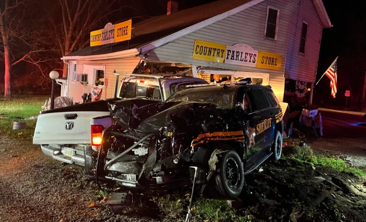 car crash site at rural ohio intersection night