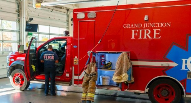 Grand Junction Fire Department trucks on South Avenue
