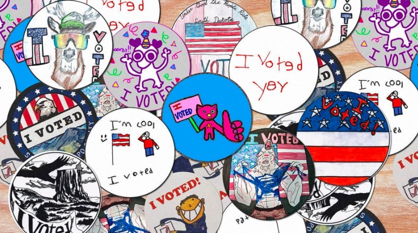 kids designing voting stickers