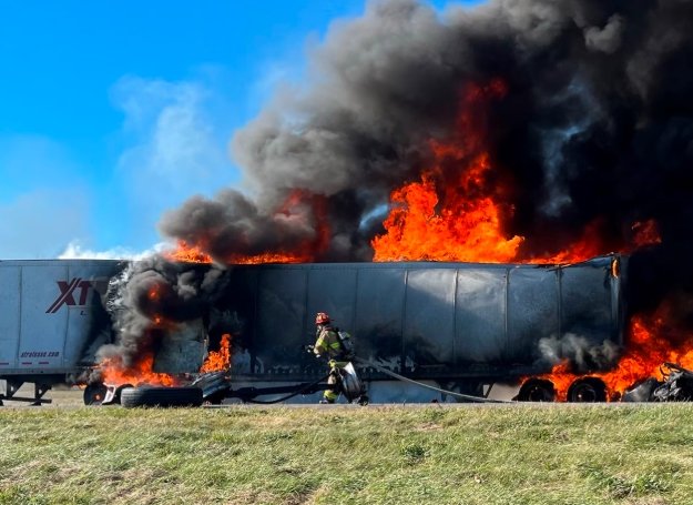 semi truck fire crash