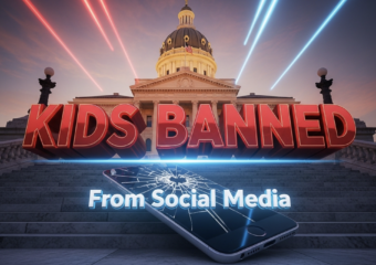 A viral, hyper-realistic YouTube thumbnail with a dramatic cinematic atmosphere. The background is the Indiana Statehouse at golden hour with intense red and blue lighting streaking across the dome. The composition uses a low-angle shot to focus on the main subject: a massive cracked smartphone screen lying shattered on marble steps. The image features massive 3D typography with strict hierarchy: The Primary Text reads exactly: 'KIDS BANNED'. This text is massive, the largest element in the frame, rendered in glowing crimson chrome with sharp metallic edges like a high-budget 3D render. The Secondary Text reads exactly: 'From Social Media'. This text is significantly smaller, positioned below the main text with a thick white outline and electric blue glow effect to contrast against the background. The text materials correspond to the story's concept. Crucial Instruction: There is absolutely NO other text, numbers, watermarks, or subtitles in this image other than these two specific lines. 8k, Unreal Engine 5, cinematic render