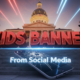 A viral, hyper-realistic YouTube thumbnail with a dramatic cinematic atmosphere. The background is the Indiana Statehouse at golden hour with intense red and blue lighting streaking across the dome. The composition uses a low-angle shot to focus on the main subject: a massive cracked smartphone screen lying shattered on marble steps. The image features massive 3D typography with strict hierarchy: The Primary Text reads exactly: 'KIDS BANNED'. This text is massive, the largest element in the frame, rendered in glowing crimson chrome with sharp metallic edges like a high-budget 3D render. The Secondary Text reads exactly: 'From Social Media'. This text is significantly smaller, positioned below the main text with a thick white outline and electric blue glow effect to contrast against the background. The text materials correspond to the story's concept. Crucial Instruction: There is absolutely NO other text, numbers, watermarks, or subtitles in this image other than these two specific lines. 8k, Unreal Engine 5, cinematic render