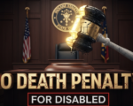 A viral, hyper-realistic YouTube thumbnail with a dramatic courtroom atmosphere. The background is a dimly lit Indiana Statehouse chamber with dark wood panels and the state seal glowing faintly on the wall behind an empty judge's bench. The composition uses a low-angle shot to focus on the main subject: a massive, cracked marble gavel hovering mid-air above the bench, split down the middle with one half glowing gold and the other half dark and crumbling. The image features massive 3D typography with strict hierarchy: The Primary Text reads exactly: 'NO DEATH PENALTY'. This text is massive, the largest element in the frame, rendered in polished gold chrome with dramatic rim lighting to look like a high-budget 3D render. The Secondary Text reads exactly: 'FOR DISABLED'. This text is significantly smaller, positioned below the main text with a thick red outline and subtle cracked texture to contrast against the background. The text materials correspond to the story's concept. Crucial Instruction: There is absolutely NO other text, numbers, watermarks, or subtitles in this image other than these two specific lines. 8k, Unreal Engine 5, cinematic render