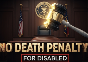 A viral, hyper-realistic YouTube thumbnail with a dramatic courtroom atmosphere. The background is a dimly lit Indiana Statehouse chamber with dark wood panels and the state seal glowing faintly on the wall behind an empty judge's bench. The composition uses a low-angle shot to focus on the main subject: a massive, cracked marble gavel hovering mid-air above the bench, split down the middle with one half glowing gold and the other half dark and crumbling. The image features massive 3D typography with strict hierarchy: The Primary Text reads exactly: 'NO DEATH PENALTY'. This text is massive, the largest element in the frame, rendered in polished gold chrome with dramatic rim lighting to look like a high-budget 3D render. The Secondary Text reads exactly: 'FOR DISABLED'. This text is significantly smaller, positioned below the main text with a thick red outline and subtle cracked texture to contrast against the background. The text materials correspond to the story's concept. Crucial Instruction: There is absolutely NO other text, numbers, watermarks, or subtitles in this image other than these two specific lines. 8k, Unreal Engine 5, cinematic render