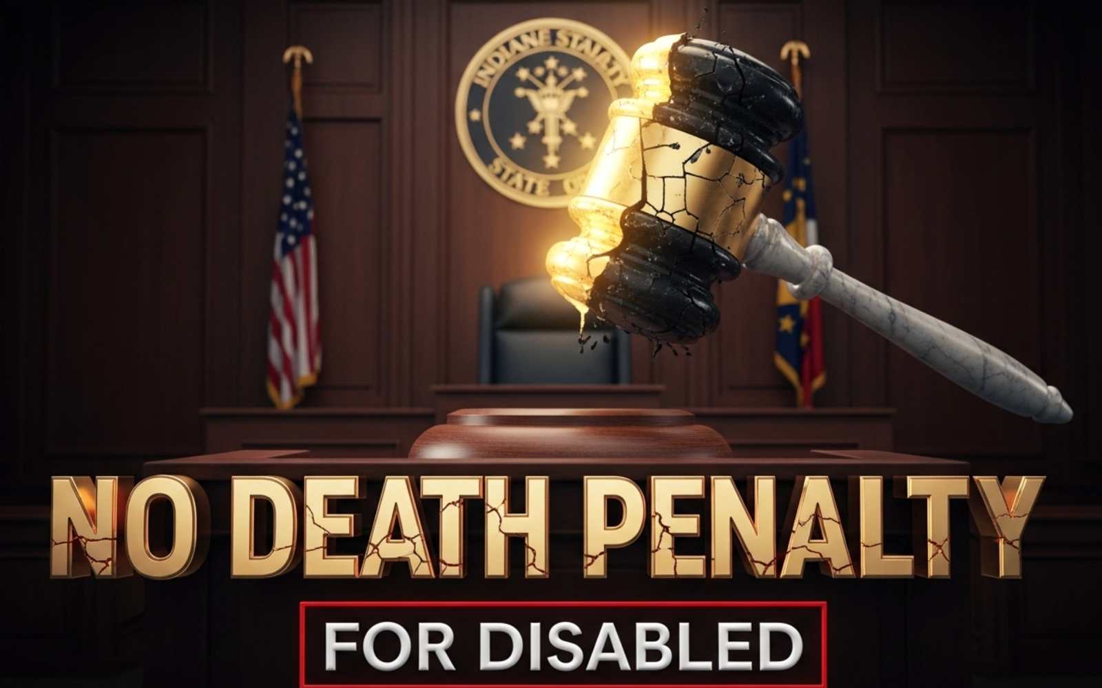 A viral, hyper-realistic YouTube thumbnail with a dramatic courtroom atmosphere. The background is a dimly lit Indiana Statehouse chamber with dark wood panels and the state seal glowing faintly on the wall behind an empty judge's bench. The composition uses a low-angle shot to focus on the main subject: a massive, cracked marble gavel hovering mid-air above the bench, split down the middle with one half glowing gold and the other half dark and crumbling. The image features massive 3D typography with strict hierarchy: The Primary Text reads exactly: 'NO DEATH PENALTY'. This text is massive, the largest element in the frame, rendered in polished gold chrome with dramatic rim lighting to look like a high-budget 3D render. The Secondary Text reads exactly: 'FOR DISABLED'. This text is significantly smaller, positioned below the main text with a thick red outline and subtle cracked texture to contrast against the background. The text materials correspond to the story's concept. Crucial Instruction: There is absolutely NO other text, numbers, watermarks, or subtitles in this image other than these two specific lines. 8k, Unreal Engine 5, cinematic render