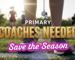 A viral, hyper-realistic YouTube thumbnail with a bright, hopeful spring morning atmosphere. The background is a sunlit Indiana park with fresh green grass and girls running in the distance (silhouettes only). The composition uses a low, heroic camera angle to focus on the main subject: a pair of bright running shoes laced up and ready on the starting line with a coach whistle hanging from them. The image features massive 3D typography with strict hierarchy: The Primary Text reads exactly: 'COACHES NEEDED'. This text is massive, the largest element in the frame, rendered in shiny metallic gold to look like a high-budget 3D render. The Secondary Text reads exactly: 'Save the Season'. This text is significantly smaller, positioned below the main text. It features a thick, electric pink border/outline (sticker style) to contrast against the background. Make sure text 2 is always different theme, style, effect and border compared to text 1. The text materials correspond to the story's concept. Crucial Instruction: There is absolutely NO other text, numbers, watermarks, or subtitles in this image other than these two specific lines. 8k, Unreal Engine 5, cinematic render