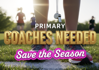 A viral, hyper-realistic YouTube thumbnail with a bright, hopeful spring morning atmosphere. The background is a sunlit Indiana park with fresh green grass and girls running in the distance (silhouettes only). The composition uses a low, heroic camera angle to focus on the main subject: a pair of bright running shoes laced up and ready on the starting line with a coach whistle hanging from them. The image features massive 3D typography with strict hierarchy: The Primary Text reads exactly: 'COACHES NEEDED'. This text is massive, the largest element in the frame, rendered in shiny metallic gold to look like a high-budget 3D render. The Secondary Text reads exactly: 'Save the Season'. This text is significantly smaller, positioned below the main text. It features a thick, electric pink border/outline (sticker style) to contrast against the background. Make sure text 2 is always different theme, style, effect and border compared to text 1. The text materials correspond to the story's concept. Crucial Instruction: There is absolutely NO other text, numbers, watermarks, or subtitles in this image other than these two specific lines. 8k, Unreal Engine 5, cinematic render