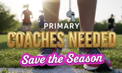 A viral, hyper-realistic YouTube thumbnail with a bright, hopeful spring morning atmosphere. The background is a sunlit Indiana park with fresh green grass and girls running in the distance (silhouettes only). The composition uses a low, heroic camera angle to focus on the main subject: a pair of bright running shoes laced up and ready on the starting line with a coach whistle hanging from them. The image features massive 3D typography with strict hierarchy: The Primary Text reads exactly: 'COACHES NEEDED'. This text is massive, the largest element in the frame, rendered in shiny metallic gold to look like a high-budget 3D render. The Secondary Text reads exactly: 'Save the Season'. This text is significantly smaller, positioned below the main text. It features a thick, electric pink border/outline (sticker style) to contrast against the background. Make sure text 2 is always different theme, style, effect and border compared to text 1. The text materials correspond to the story's concept. Crucial Instruction: There is absolutely NO other text, numbers, watermarks, or subtitles in this image other than these two specific lines. 8k, Unreal Engine 5, cinematic render