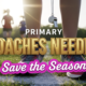 A viral, hyper-realistic YouTube thumbnail with a bright, hopeful spring morning atmosphere. The background is a sunlit Indiana park with fresh green grass and girls running in the distance (silhouettes only). The composition uses a low, heroic camera angle to focus on the main subject: a pair of bright running shoes laced up and ready on the starting line with a coach whistle hanging from them. The image features massive 3D typography with strict hierarchy: The Primary Text reads exactly: 'COACHES NEEDED'. This text is massive, the largest element in the frame, rendered in shiny metallic gold to look like a high-budget 3D render. The Secondary Text reads exactly: 'Save the Season'. This text is significantly smaller, positioned below the main text. It features a thick, electric pink border/outline (sticker style) to contrast against the background. Make sure text 2 is always different theme, style, effect and border compared to text 1. The text materials correspond to the story's concept. Crucial Instruction: There is absolutely NO other text, numbers, watermarks, or subtitles in this image other than these two specific lines. 8k, Unreal Engine 5, cinematic render