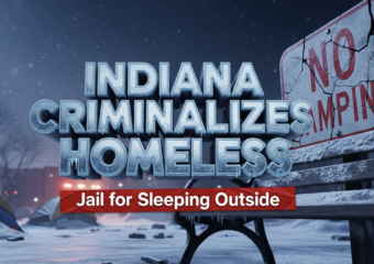 A viral, hyper-realistic YouTube thumbnail with a dramatic winter night atmosphere. The background is a frozen Indiana city park covered in snow with abandoned tents half-buried under drifts and faint police lights in the distance. The composition uses a low-angle shot looking up at a massive cracked concrete "NO CAMPING" sign bolted to a park bench. The image features massive 3D typography with strict hierarchy: The Primary Text reads exactly: 'INDIANA CRIMINALIZES HOMELESS'. This text is massive, rendered in cold blue chrome with ice crystals forming on the letters. The Secondary Text reads exactly: 'Jail for Sleeping Outside'. This text is smaller, in urgent red with a thick white outline and subtle warning-tape texture. The text materials correspond to the story's concept. Crucial Instruction: There is absolutely NO other text, numbers, watermarks, or subtitles in this image other than these two specific lines. 8k, Unreal Engine 5, cinematic render.