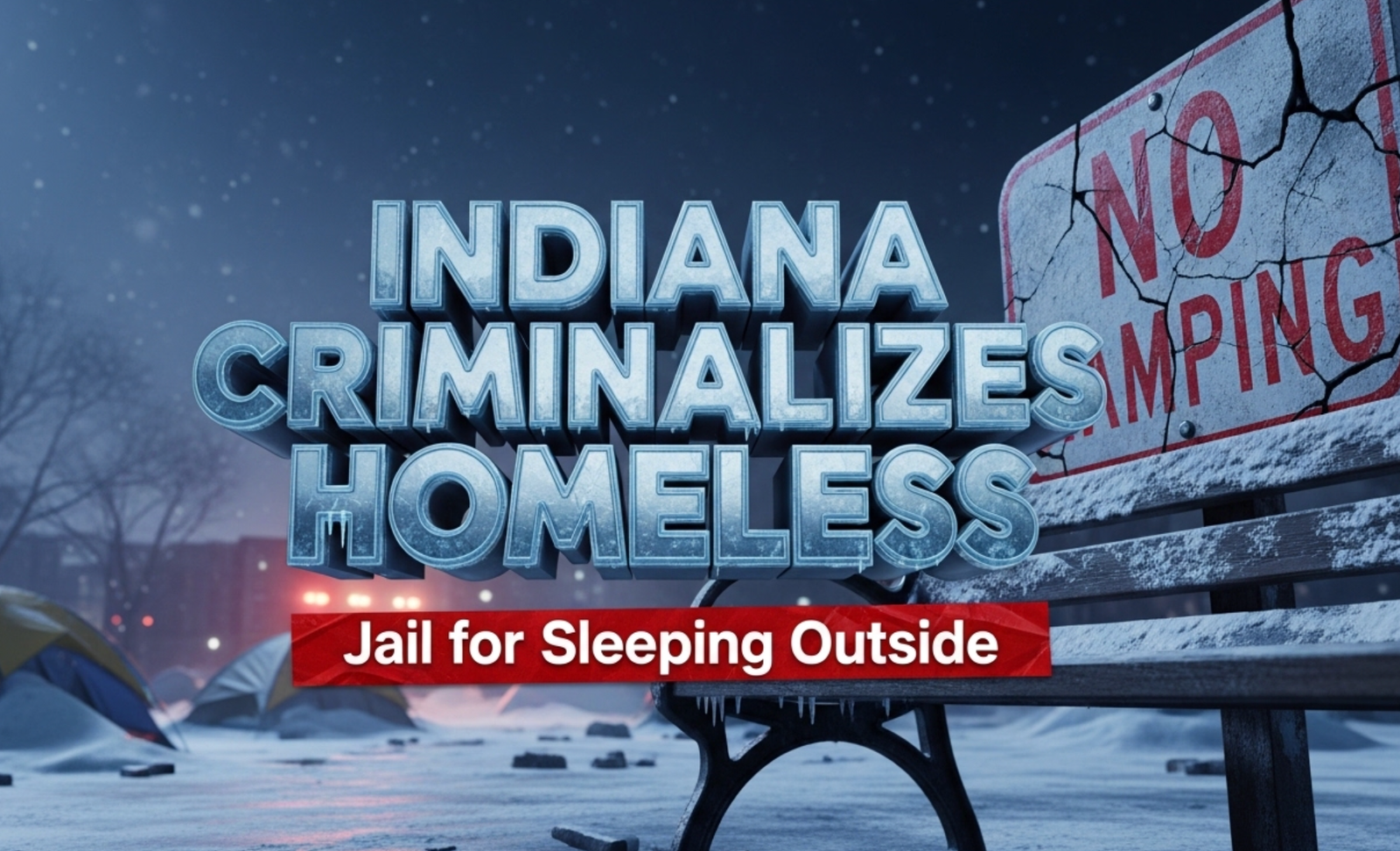  A viral, hyper-realistic YouTube thumbnail with a dramatic winter night atmosphere. The background is a frozen Indiana city park covered in snow with abandoned tents half-buried under drifts and faint police lights in the distance. The composition uses a low-angle shot looking up at a massive cracked concrete "NO CAMPING" sign bolted to a park bench. The image features massive 3D typography with strict hierarchy: The Primary Text reads exactly: 'INDIANA CRIMINALIZES HOMELESS'. This text is massive, rendered in cold blue chrome with ice crystals forming on the letters. The Secondary Text reads exactly: 'Jail for Sleeping Outside'. This text is smaller, in urgent red with a thick white outline and subtle warning-tape texture. The text materials correspond to the story's concept. Crucial Instruction: There is absolutely NO other text, numbers, watermarks, or subtitles in this image other than these two specific lines. 8k, Unreal Engine 5, cinematic render.