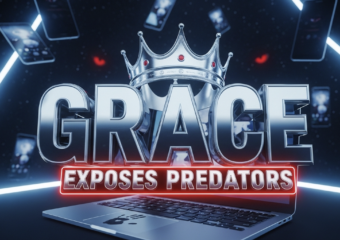 A viral, hyper-realistic YouTube thumbnail with a dramatic cinematic atmosphere. The background is a dark digital void filled with glowing phone screens floating in space with subtle red predator eyes watching from the shadows, intense blue-white rim lighting. The composition uses a dramatic low angle to focus on the main subject: a gleaming silver crown resting on an open laptop keyboard with a faint child's handprint visible on the screen. The image features massive 3D typography with strict hierarchy: The Primary Text reads exactly: 'GRACE'. This text is massive, the largest element in the frame, rendered in polished chrome with sharp reflective edges to look like a high-budget 3D render. The Secondary Text reads exactly: 'EXPOSES PREDATORS'. This text is significantly smaller, positioned below the main text. It features a thick, glowing red border/outline (sticker style) to contrast against the background. Make sure text 2 is always different theme, style, effect and border compared to text 1. The text materials correspond to the story's concept. Crucial Instruction: There is absolutely NO other text, numbers, watermarks, or subtitles in this image other than these two specific lines. 8k, Unreal Engine 5, cinematic render