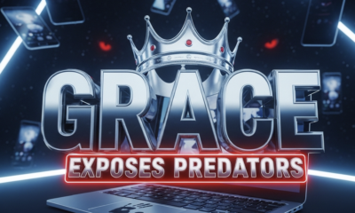 A viral, hyper-realistic YouTube thumbnail with a dramatic cinematic atmosphere. The background is a dark digital void filled with glowing phone screens floating in space with subtle red predator eyes watching from the shadows, intense blue-white rim lighting. The composition uses a dramatic low angle to focus on the main subject: a gleaming silver crown resting on an open laptop keyboard with a faint child's handprint visible on the screen. The image features massive 3D typography with strict hierarchy: The Primary Text reads exactly: 'GRACE'. This text is massive, the largest element in the frame, rendered in polished chrome with sharp reflective edges to look like a high-budget 3D render. The Secondary Text reads exactly: 'EXPOSES PREDATORS'. This text is significantly smaller, positioned below the main text. It features a thick, glowing red border/outline (sticker style) to contrast against the background. Make sure text 2 is always different theme, style, effect and border compared to text 1. The text materials correspond to the story's concept. Crucial Instruction: There is absolutely NO other text, numbers, watermarks, or subtitles in this image other than these two specific lines. 8k, Unreal Engine 5, cinematic render