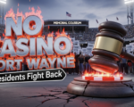 ˇA viral, hyper-realistic YouTube thumbnail with a dramatic political atmosphere. The background is the packed entrance of Memorial Coliseum at dusk with hundreds of angry residents holding signs under harsh stadium floodlights and a stormy Indiana sky. The composition uses a low-angle shot to focus on the main subject: a massive cracked concrete gavel slamming down onto a glowing red casino chip. The image features massive 3D typography with strict hierarchy: The Primary Text reads exactly: 'NO CASINO FORT WAYNE'. This text is massive, the largest element in the frame, rendered in burning chrome with red molten edges like a high-budget 3D render. The Secondary Text reads exactly: 'Residents Fight Back'. This text is significantly smaller, positioned below the main text with a thick white outline and black sticker border to contrast against the dramatic sky. 8k, Unreal Engine 5, cinematic render