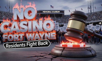 ˇA viral, hyper-realistic YouTube thumbnail with a dramatic political atmosphere. The background is the packed entrance of Memorial Coliseum at dusk with hundreds of angry residents holding signs under harsh stadium floodlights and a stormy Indiana sky. The composition uses a low-angle shot to focus on the main subject: a massive cracked concrete gavel slamming down onto a glowing red casino chip. The image features massive 3D typography with strict hierarchy: The Primary Text reads exactly: 'NO CASINO FORT WAYNE'. This text is massive, the largest element in the frame, rendered in burning chrome with red molten edges like a high-budget 3D render. The Secondary Text reads exactly: 'Residents Fight Back'. This text is significantly smaller, positioned below the main text with a thick white outline and black sticker border to contrast against the dramatic sky. 8k, Unreal Engine 5, cinematic render