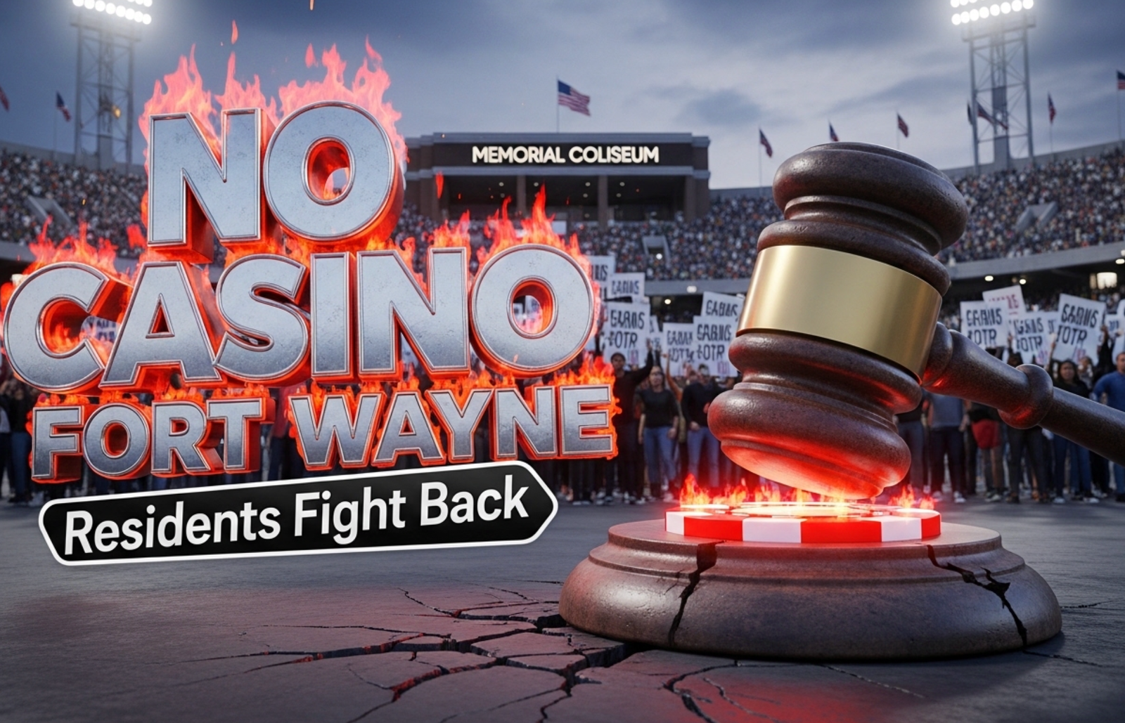 ˇA viral, hyper-realistic YouTube thumbnail with a dramatic political atmosphere. The background is the packed entrance of Memorial Coliseum at dusk with hundreds of angry residents holding signs under harsh stadium floodlights and a stormy Indiana sky. The composition uses a low-angle shot to focus on the main subject: a massive cracked concrete gavel slamming down onto a glowing red casino chip. The image features massive 3D typography with strict hierarchy: The Primary Text reads exactly: 'NO CASINO FORT WAYNE'. This text is massive, the largest element in the frame, rendered in burning chrome with red molten edges like a high-budget 3D render. The Secondary Text reads exactly: 'Residents Fight Back'. This text is significantly smaller, positioned below the main text with a thick white outline and black sticker border to contrast against the dramatic sky. 8k, Unreal Engine 5, cinematic render