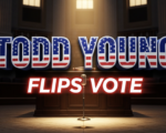 A viral, hyper-realistic YouTube thumbnail with a dramatic Washington DC political atmosphere. The background is the dimly lit United States Senate chamber at night with American flags and marble walls glowing under golden hour lighting streaming through high windows. The composition uses a low-angle cinematic shot to focus on the main subject: a dramatically lit wooden Senate desk microphone standing alone on the empty floor. The image features massive 3D typography with strict hierarchy: The Primary Text reads exactly: 'TODD YOUNG'. This text is massive, the largest element in the frame, rendered in polished patriotic blue chrome with subtle American flag reflections to look like a high-budget 3D render. The Secondary Text reads exactly: 'FLIPS VOTE'. This text is significantly smaller, positioned below the main text with a bold red warning-style outline and slight motion blur effect. Make sure text 2 has completely different style and red border compared to the blue chrome text 1. The text materials correspond to the story's concept. Crucial Instruction: There is absolutely NO other text, numbers, watermarks, or subtitles in this image other than these two specific lines. 8k, Unreal Engine 5, cinematic render