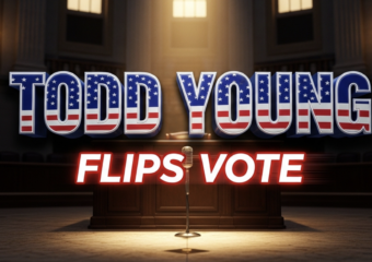A viral, hyper-realistic YouTube thumbnail with a dramatic Washington DC political atmosphere. The background is the dimly lit United States Senate chamber at night with American flags and marble walls glowing under golden hour lighting streaming through high windows. The composition uses a low-angle cinematic shot to focus on the main subject: a dramatically lit wooden Senate desk microphone standing alone on the empty floor. The image features massive 3D typography with strict hierarchy: The Primary Text reads exactly: 'TODD YOUNG'. This text is massive, the largest element in the frame, rendered in polished patriotic blue chrome with subtle American flag reflections to look like a high-budget 3D render. The Secondary Text reads exactly: 'FLIPS VOTE'. This text is significantly smaller, positioned below the main text with a bold red warning-style outline and slight motion blur effect. Make sure text 2 has completely different style and red border compared to the blue chrome text 1. The text materials correspond to the story's concept. Crucial Instruction: There is absolutely NO other text, numbers, watermarks, or subtitles in this image other than these two specific lines. 8k, Unreal Engine 5, cinematic render