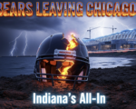 A viral, hyper-realistic YouTube thumbnail with a dramatic midnight-blue and orange sports atmosphere. The background is a stormy Lake Michigan shoreline at night with lightning revealing a massive futuristic stadium under construction along the Indiana dunes, South Shore trains streaking past. The composition uses a dramatic low-angle shot to focus on the main subject: a gleaming Chicago Bears helmet cracked down the middle, half buried in Indiana soil. The image features massive 3D typography with strict hierarchy: The Primary Text reads exactly: 'BEARS LEAVING CHICAGO?'. This text is massive, the largest element in the frame, rendered in molten chrome with orange fire edges to look like a high-budget 3D render. The Secondary Text reads exactly: 'Indiana's All-In'. This text is significantly smaller, positioned below the helmet with a thick white glow border and electric blue outline to contrast against the dark stormy sky. Make sure text 2 is always different theme, style, effect and border compared to text 1. The text materials correspond to the story's concept. Crucial Instruction: There is absolutely NO other text, numbers, watermarks, or subtitles in this image other than these two specific lines. 8k, Unreal Engine 5, cinematic render