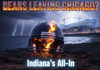 A viral, hyper-realistic YouTube thumbnail with a dramatic midnight-blue and orange sports atmosphere. The background is a stormy Lake Michigan shoreline at night with lightning revealing a massive futuristic stadium under construction along the Indiana dunes, South Shore trains streaking past. The composition uses a dramatic low-angle shot to focus on the main subject: a gleaming Chicago Bears helmet cracked down the middle, half buried in Indiana soil. The image features massive 3D typography with strict hierarchy: The Primary Text reads exactly: 'BEARS LEAVING CHICAGO?'. This text is massive, the largest element in the frame, rendered in molten chrome with orange fire edges to look like a high-budget 3D render. The Secondary Text reads exactly: 'Indiana's All-In'. This text is significantly smaller, positioned below the helmet with a thick white glow border and electric blue outline to contrast against the dark stormy sky. Make sure text 2 is always different theme, style, effect and border compared to text 1. The text materials correspond to the story's concept. Crucial Instruction: There is absolutely NO other text, numbers, watermarks, or subtitles in this image other than these two specific lines. 8k, Unreal Engine 5, cinematic render