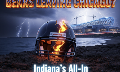 A viral, hyper-realistic YouTube thumbnail with a dramatic midnight-blue and orange sports atmosphere. The background is a stormy Lake Michigan shoreline at night with lightning revealing a massive futuristic stadium under construction along the Indiana dunes, South Shore trains streaking past. The composition uses a dramatic low-angle shot to focus on the main subject: a gleaming Chicago Bears helmet cracked down the middle, half buried in Indiana soil. The image features massive 3D typography with strict hierarchy: The Primary Text reads exactly: 'BEARS LEAVING CHICAGO?'. This text is massive, the largest element in the frame, rendered in molten chrome with orange fire edges to look like a high-budget 3D render. The Secondary Text reads exactly: 'Indiana's All-In'. This text is significantly smaller, positioned below the helmet with a thick white glow border and electric blue outline to contrast against the dark stormy sky. Make sure text 2 is always different theme, style, effect and border compared to text 1. The text materials correspond to the story's concept. Crucial Instruction: There is absolutely NO other text, numbers, watermarks, or subtitles in this image other than these two specific lines. 8k, Unreal Engine 5, cinematic render