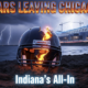 A viral, hyper-realistic YouTube thumbnail with a dramatic midnight-blue and orange sports atmosphere. The background is a stormy Lake Michigan shoreline at night with lightning revealing a massive futuristic stadium under construction along the Indiana dunes, South Shore trains streaking past. The composition uses a dramatic low-angle shot to focus on the main subject: a gleaming Chicago Bears helmet cracked down the middle, half buried in Indiana soil. The image features massive 3D typography with strict hierarchy: The Primary Text reads exactly: 'BEARS LEAVING CHICAGO?'. This text is massive, the largest element in the frame, rendered in molten chrome with orange fire edges to look like a high-budget 3D render. The Secondary Text reads exactly: 'Indiana's All-In'. This text is significantly smaller, positioned below the helmet with a thick white glow border and electric blue outline to contrast against the dark stormy sky. Make sure text 2 is always different theme, style, effect and border compared to text 1. The text materials correspond to the story's concept. Crucial Instruction: There is absolutely NO other text, numbers, watermarks, or subtitles in this image other than these two specific lines. 8k, Unreal Engine 5, cinematic render
