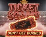 A viral, hyper-realistic YouTube thumbnail with a intense sports atmosphere. The background is a packed Hard Rock Stadium at night with crimson and cream smoke filling the air and massive stadium lights cutting through the haze. The composition uses a dramatic low angle to focus on the main subject: a torn and fake-looking digital football ticket burning at the edges with clear scam markings. The image features massive 3D typography with strict hierarchy: The Primary Text reads exactly: 'TICKET SCAMS'. This text is massive, the largest element in the frame, rendered in glowing crimson chrome with Indiana Hoosiers cream outline to look like a high-budget 3D render. The Secondary Text reads exactly: 'DON'T GET BURNED'. This text is significantly smaller, positioned below the main text. It features a thick, bright orange border/outline with fire flicker effect to contrast against the background. Make sure text 2 is always different theme, style, effect and border compared to text 1. The text materials correspond to the story's concept. Crucial Instruction: There is absolutely NO other text, numbers, watermarks, or subtitles in this image other than these two specific lines. 8k, Unreal Engine 5, cinematic render