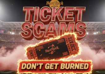 A viral, hyper-realistic YouTube thumbnail with a intense sports atmosphere. The background is a packed Hard Rock Stadium at night with crimson and cream smoke filling the air and massive stadium lights cutting through the haze. The composition uses a dramatic low angle to focus on the main subject: a torn and fake-looking digital football ticket burning at the edges with clear scam markings. The image features massive 3D typography with strict hierarchy: The Primary Text reads exactly: 'TICKET SCAMS'. This text is massive, the largest element in the frame, rendered in glowing crimson chrome with Indiana Hoosiers cream outline to look like a high-budget 3D render. The Secondary Text reads exactly: 'DON'T GET BURNED'. This text is significantly smaller, positioned below the main text. It features a thick, bright orange border/outline with fire flicker effect to contrast against the background. Make sure text 2 is always different theme, style, effect and border compared to text 1. The text materials correspond to the story's concept. Crucial Instruction: There is absolutely NO other text, numbers, watermarks, or subtitles in this image other than these two specific lines. 8k, Unreal Engine 5, cinematic render