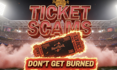 A viral, hyper-realistic YouTube thumbnail with a intense sports atmosphere. The background is a packed Hard Rock Stadium at night with crimson and cream smoke filling the air and massive stadium lights cutting through the haze. The composition uses a dramatic low angle to focus on the main subject: a torn and fake-looking digital football ticket burning at the edges with clear scam markings. The image features massive 3D typography with strict hierarchy: The Primary Text reads exactly: 'TICKET SCAMS'. This text is massive, the largest element in the frame, rendered in glowing crimson chrome with Indiana Hoosiers cream outline to look like a high-budget 3D render. The Secondary Text reads exactly: 'DON'T GET BURNED'. This text is significantly smaller, positioned below the main text. It features a thick, bright orange border/outline with fire flicker effect to contrast against the background. Make sure text 2 is always different theme, style, effect and border compared to text 1. The text materials correspond to the story's concept. Crucial Instruction: There is absolutely NO other text, numbers, watermarks, or subtitles in this image other than these two specific lines. 8k, Unreal Engine 5, cinematic render