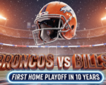 A viral, hyper-realistic YouTube thumbnail with a high-energy NFL playoff atmosphere. The background is a packed Empower Field at Mile High at night covered in fresh snow with orange stadium lights cutting through falling flakes and massive crowd flares. The composition uses a dramatic low-angle shot to focus on the main subject: a gleaming orange Denver Broncos helmet floating above the field with frost forming on it. The image features massive 3D typography with strict hierarchy: The Primary Text reads exactly: 'BRONCOS VS BILLS'. This text is massive, the largest element in the frame, rendered in molten bronze chrome with glowing orange edges to look like a high-budget 3D render. The Secondary Text reads exactly: 'FIRST HOME PLAYOFF IN 10 YEARS'. This text is significantly smaller, positioned below the main text with a thick white sticker-style outline and electric blue glow effect. Make sure text 2 is always different theme, style, effect and border compared to text 1. The text materials correspond to the story's concept. Crucial Instruction: There is absolutely NO other text, numbers, watermarks, or subtitles in this image other than these two specific lines. 8k, Unreal Engine 5, cinematic render