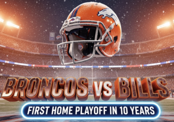 A viral, hyper-realistic YouTube thumbnail with a high-energy NFL playoff atmosphere. The background is a packed Empower Field at Mile High at night covered in fresh snow with orange stadium lights cutting through falling flakes and massive crowd flares. The composition uses a dramatic low-angle shot to focus on the main subject: a gleaming orange Denver Broncos helmet floating above the field with frost forming on it. The image features massive 3D typography with strict hierarchy: The Primary Text reads exactly: 'BRONCOS VS BILLS'. This text is massive, the largest element in the frame, rendered in molten bronze chrome with glowing orange edges to look like a high-budget 3D render. The Secondary Text reads exactly: 'FIRST HOME PLAYOFF IN 10 YEARS'. This text is significantly smaller, positioned below the main text with a thick white sticker-style outline and electric blue glow effect. Make sure text 2 is always different theme, style, effect and border compared to text 1. The text materials correspond to the story's concept. Crucial Instruction: There is absolutely NO other text, numbers, watermarks, or subtitles in this image other than these two specific lines. 8k, Unreal Engine 5, cinematic render