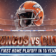 A viral, hyper-realistic YouTube thumbnail with a high-energy NFL playoff atmosphere. The background is a packed Empower Field at Mile High at night covered in fresh snow with orange stadium lights cutting through falling flakes and massive crowd flares. The composition uses a dramatic low-angle shot to focus on the main subject: a gleaming orange Denver Broncos helmet floating above the field with frost forming on it. The image features massive 3D typography with strict hierarchy: The Primary Text reads exactly: 'BRONCOS VS BILLS'. This text is massive, the largest element in the frame, rendered in molten bronze chrome with glowing orange edges to look like a high-budget 3D render. The Secondary Text reads exactly: 'FIRST HOME PLAYOFF IN 10 YEARS'. This text is significantly smaller, positioned below the main text with a thick white sticker-style outline and electric blue glow effect. Make sure text 2 is always different theme, style, effect and border compared to text 1. The text materials correspond to the story's concept. Crucial Instruction: There is absolutely NO other text, numbers, watermarks, or subtitles in this image other than these two specific lines. 8k, Unreal Engine 5, cinematic render