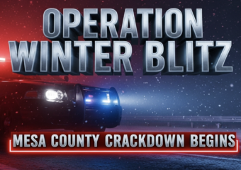 A viral, hyper-realistic YouTube thumbnail with a tense law-enforcement atmosphere. The background is a dark snow-dusted Mesa County highway at night lit by red and blue emergency lights cutting through falling snow and fog. The composition uses a dramatic low-angle shot to focus on the main subject: a gleaming Colorado State Patrol cruiser with activated light bar dominating the foreground. The image features massive 3D typography with strict hierarchy: The Primary Text reads exactly: 'OPERATION WINTER BLITZ'. This text is massive, the largest element in the frame, rendered in cold chrome metal with glowing blue edge lighting to look like a high-budget 3D render. The Secondary Text reads exactly: 'MESA COUNTY CRACKDOWN BEGINS'. This text is significantly smaller, positioned below the main text. It features a thick, pulsing red outline border to contrast against the dark background. Make sure text 2 is always different theme, style, effect and border compared to text 1. The text materials correspond to the story's concept. Crucial Instruction: There is absolutely NO other text, numbers, watermarks, or subtitles in this image other than these two specific lines. 8k, Unreal Engine 5, cinematic render