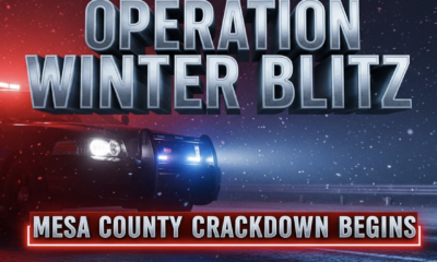 A viral, hyper-realistic YouTube thumbnail with a tense law-enforcement atmosphere. The background is a dark snow-dusted Mesa County highway at night lit by red and blue emergency lights cutting through falling snow and fog. The composition uses a dramatic low-angle shot to focus on the main subject: a gleaming Colorado State Patrol cruiser with activated light bar dominating the foreground. The image features massive 3D typography with strict hierarchy: The Primary Text reads exactly: 'OPERATION WINTER BLITZ'. This text is massive, the largest element in the frame, rendered in cold chrome metal with glowing blue edge lighting to look like a high-budget 3D render. The Secondary Text reads exactly: 'MESA COUNTY CRACKDOWN BEGINS'. This text is significantly smaller, positioned below the main text. It features a thick, pulsing red outline border to contrast against the dark background. Make sure text 2 is always different theme, style, effect and border compared to text 1. The text materials correspond to the story's concept. Crucial Instruction: There is absolutely NO other text, numbers, watermarks, or subtitles in this image other than these two specific lines. 8k, Unreal Engine 5, cinematic render