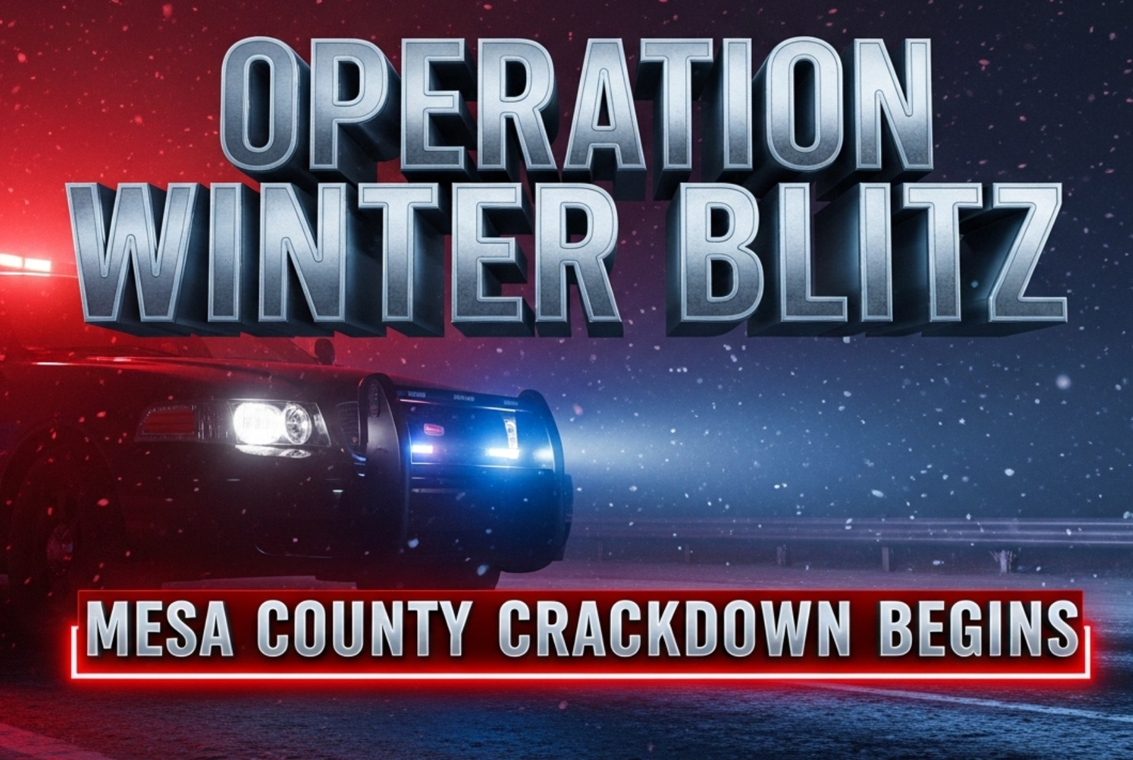 A viral, hyper-realistic YouTube thumbnail with a tense law-enforcement atmosphere. The background is a dark snow-dusted Mesa County highway at night lit by red and blue emergency lights cutting through falling snow and fog. The composition uses a dramatic low-angle shot to focus on the main subject: a gleaming Colorado State Patrol cruiser with activated light bar dominating the foreground. The image features massive 3D typography with strict hierarchy: The Primary Text reads exactly: 'OPERATION WINTER BLITZ'. This text is massive, the largest element in the frame, rendered in cold chrome metal with glowing blue edge lighting to look like a high-budget 3D render. The Secondary Text reads exactly: 'MESA COUNTY CRACKDOWN BEGINS'. This text is significantly smaller, positioned below the main text. It features a thick, pulsing red outline border to contrast against the dark background. Make sure text 2 is always different theme, style, effect and border compared to text 1. The text materials correspond to the story's concept. Crucial Instruction: There is absolutely NO other text, numbers, watermarks, or subtitles in this image other than these two specific lines. 8k, Unreal Engine 5, cinematic render