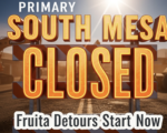 A viral, hyper-realistic YouTube thumbnail with a gritty orange construction atmosphere. The background is a dusty Fruita street completely blocked by heavy equipment under harsh Colorado sun with dramatic god rays cutting through equipment dust. The composition uses a low dramatic angle to focus on the main subject: a massive bright orange road closed barricade with reflective stripes. The image features massive 3D typography with strict hierarchy: The Primary Text reads exactly: 'SOUTH MESA CLOSED'. This text is massive, the largest element in the frame, rendered in glowing molten metal orange to look like a high-budget 3D render. The Secondary Text reads exactly: 'Fruita Detours Start Now'. This text is significantly smaller, positioned below the main text. It features a thick, distinct white color border/outline (sticker style) to contrast against the background. Make sure text 2 is always different theme, style, effect and border compared to text 1. The text materials correspond to the story's concept. Crucial Instruction: There is absolutely NO other text, numbers, watermarks, or subtitles in this image other than these two specific lines. 8k, Unreal Engine 5, cinematic render