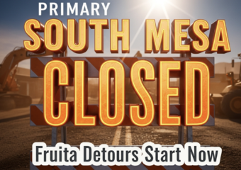 A viral, hyper-realistic YouTube thumbnail with a gritty orange construction atmosphere. The background is a dusty Fruita street completely blocked by heavy equipment under harsh Colorado sun with dramatic god rays cutting through equipment dust. The composition uses a low dramatic angle to focus on the main subject: a massive bright orange road closed barricade with reflective stripes. The image features massive 3D typography with strict hierarchy: The Primary Text reads exactly: 'SOUTH MESA CLOSED'. This text is massive, the largest element in the frame, rendered in glowing molten metal orange to look like a high-budget 3D render. The Secondary Text reads exactly: 'Fruita Detours Start Now'. This text is significantly smaller, positioned below the main text. It features a thick, distinct white color border/outline (sticker style) to contrast against the background. Make sure text 2 is always different theme, style, effect and border compared to text 1. The text materials correspond to the story's concept. Crucial Instruction: There is absolutely NO other text, numbers, watermarks, or subtitles in this image other than these two specific lines. 8k, Unreal Engine 5, cinematic render