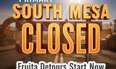 A viral, hyper-realistic YouTube thumbnail with a gritty orange construction atmosphere. The background is a dusty Fruita street completely blocked by heavy equipment under harsh Colorado sun with dramatic god rays cutting through equipment dust. The composition uses a low dramatic angle to focus on the main subject: a massive bright orange road closed barricade with reflective stripes. The image features massive 3D typography with strict hierarchy: The Primary Text reads exactly: 'SOUTH MESA CLOSED'. This text is massive, the largest element in the frame, rendered in glowing molten metal orange to look like a high-budget 3D render. The Secondary Text reads exactly: 'Fruita Detours Start Now'. This text is significantly smaller, positioned below the main text. It features a thick, distinct white color border/outline (sticker style) to contrast against the background. Make sure text 2 is always different theme, style, effect and border compared to text 1. The text materials correspond to the story's concept. Crucial Instruction: There is absolutely NO other text, numbers, watermarks, or subtitles in this image other than these two specific lines. 8k, Unreal Engine 5, cinematic render